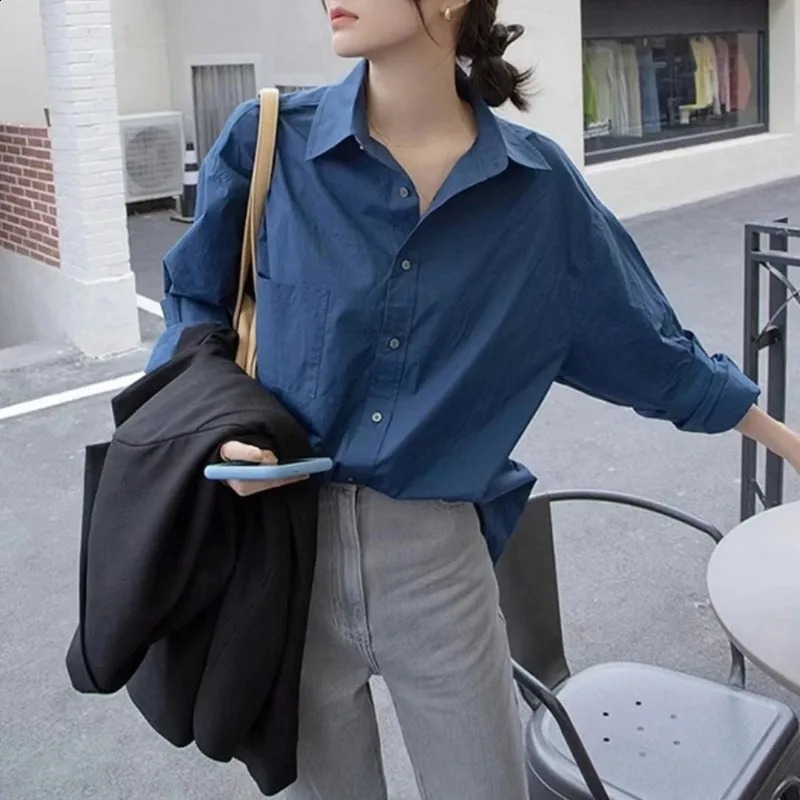 Korean Style Long-sleeved Shirt Ladies Spring Lazy Retro Green Blouse Womens Clothes Tops Casual Female Solid Simple Shirt 240826