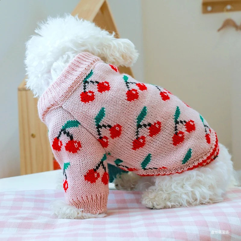 1PC Pet Clothing Cat Autumn Winter Thickened Warm Pink Cherry Elastic Pullover Knitted Sweater Suitable for Small and Medium Dog 240827