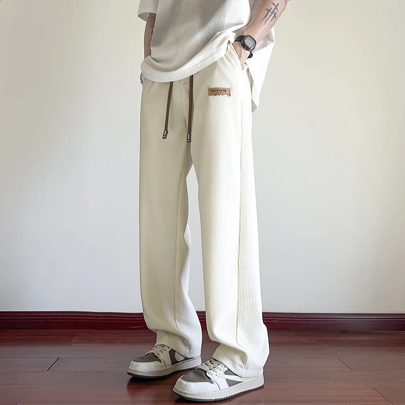 Summer Pleated Pants Men Fashion Casual Ice Silk Pants Men Streetwear Hip-hop Loose Straight Wide Leg Pants Mens Trousers M-3XL 240826
