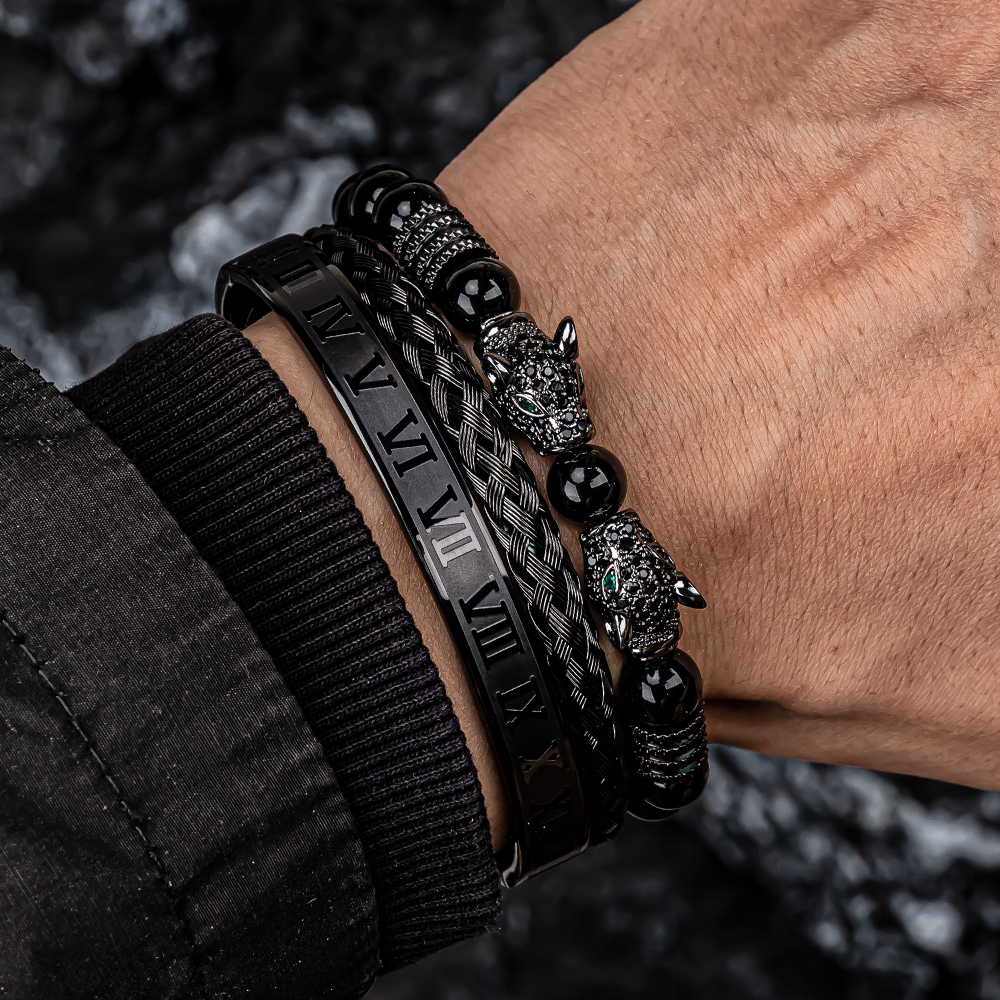 3PCS Mens Premium Black Agate Beaded Bracelet Set - Double Leopard Head, Roman Numerals, Adjustable Braided Design Bracelets Men Bracelets