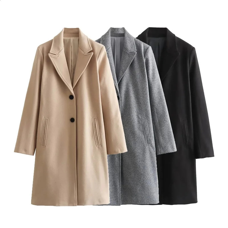 Womens wool coat retro singlelayer solid long jacket womens soft street autumn and winter 240826