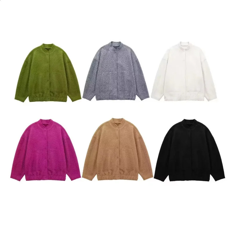 Traf Zr Womens Jacket Spring Elegant Wool Retro Coat Long Sleeve Harajuku Y2k Street Clothing Bomber 240826
