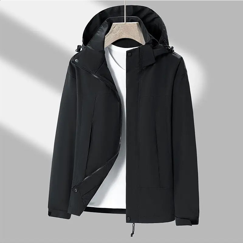 Spring and autumn casual jacket for men outdoor waterproof windproof hooded color matching camping clothing hiking loose 240827