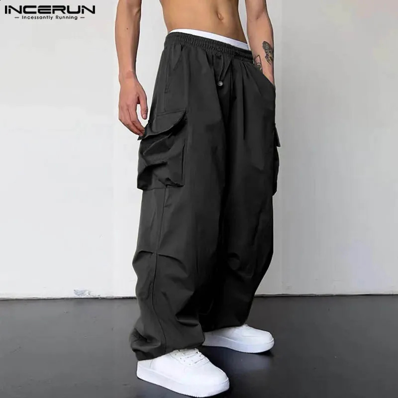 INCERUN Men Cargo Pants Solid Color Drawstring Loose Joggers Casual Trousers Men Streetwear Fashion Male Long Pants S-5XL 240826