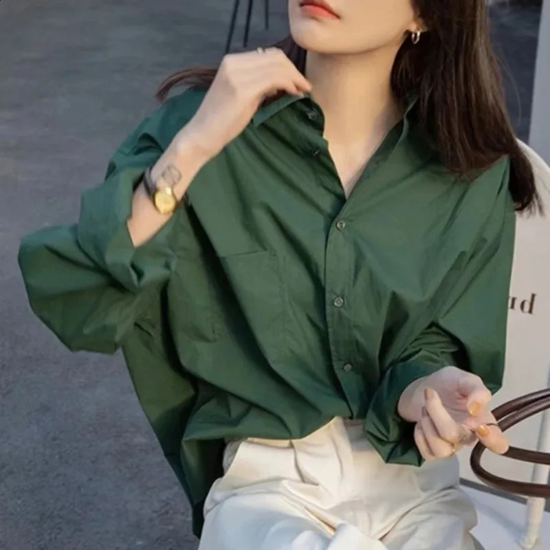 Korean Style Long-sleeved Shirt Ladies Spring Lazy Retro Green Blouse Womens Clothes Tops Casual Female Solid Simple Shirt 240826