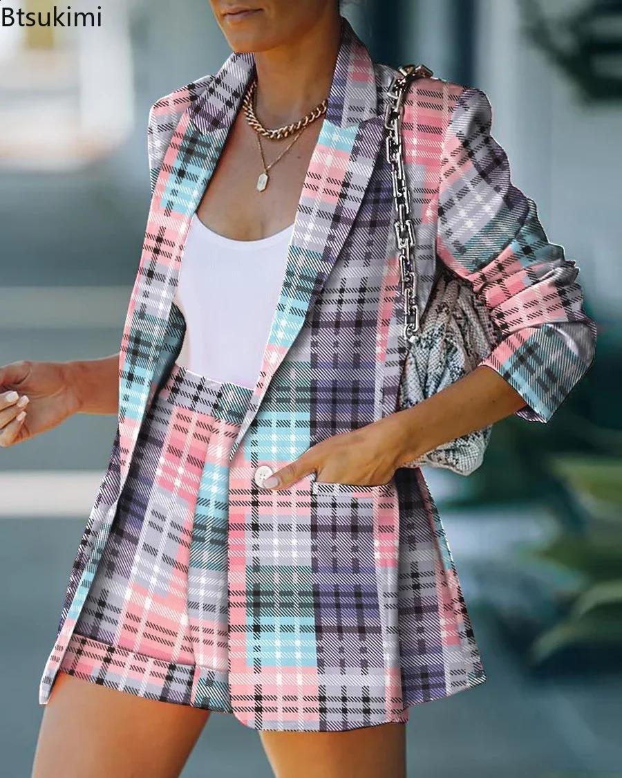 Elegant Two Piece Blazer Suit Sets Women OL Office Sets Slim Cardigan Blazer Shorts Solid 2 Piece Set Casual Blazers Set 240826