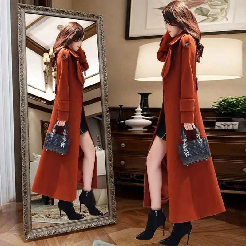 Womens long wool coat springsummer Korean waist slimming knee thick warm womens W2 240826