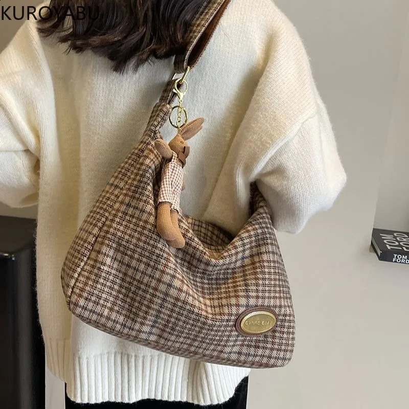 Women Handbag Large Capacity Plush Shoulder Bags Plaid Pattern Tote Bag Vintage Fashion Shopping Underarm Bag Bolsos De Mujer 240827