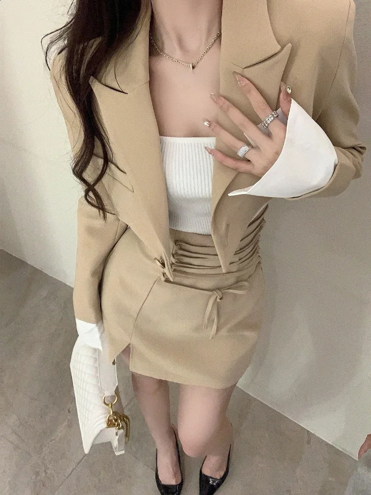 2 Piece Dress Set Women Casual Y2k Crop Tops Elegant Jacket Coats Mini Skirts Korean Fashion Suits Spring Blazers Dress 240826