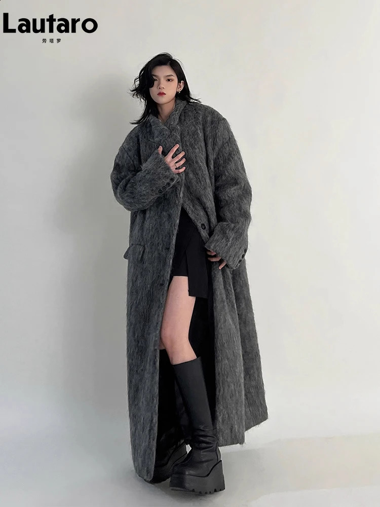Lautaro Autumn and Winter Clothing Womens Ultra Long Casual Warm Grey Wool Blended Coat Maxi Fluffy 240826