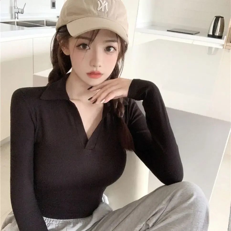 polo neck womens long sleeved T-shirt womens T-shirt autumn and winter fashion polyester fiber providing high-quality Y2k fashion 240827