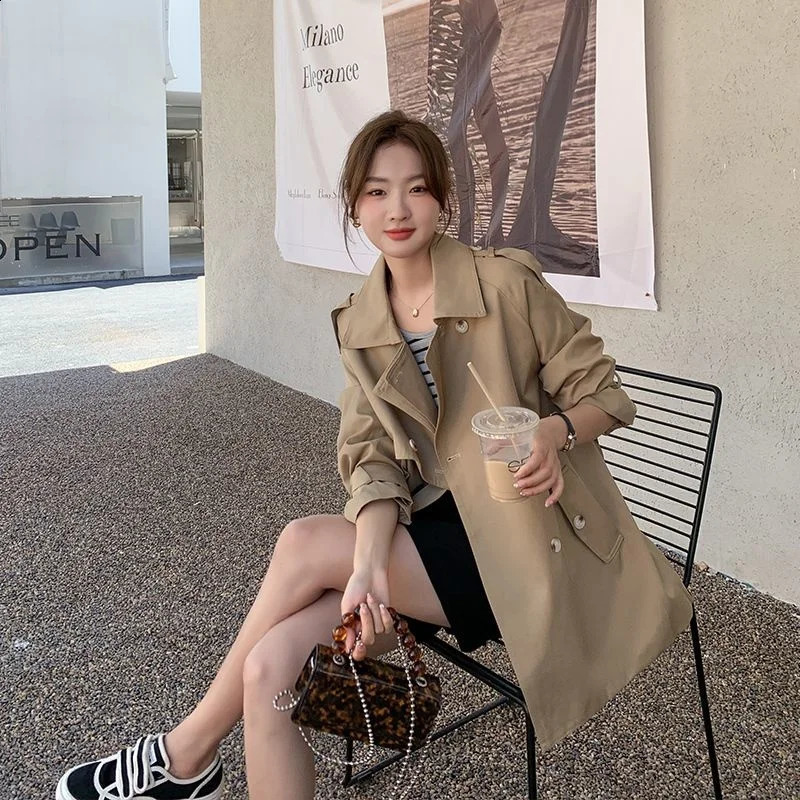 British style womens trench coat spring and autumn collar long khaki casual sleeved belt windproof 240826