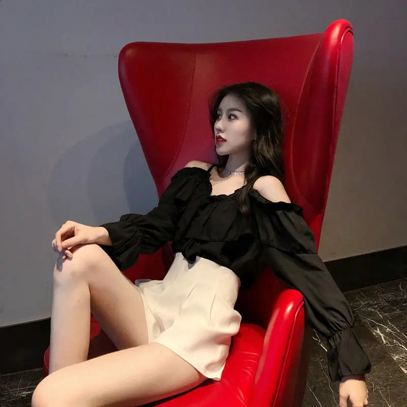 Off Shoulder Blouses Women Ruffles Sexy Party Stylish Ulzzang Solid Feminine Leisure All-match Spring Soft Ins 240827