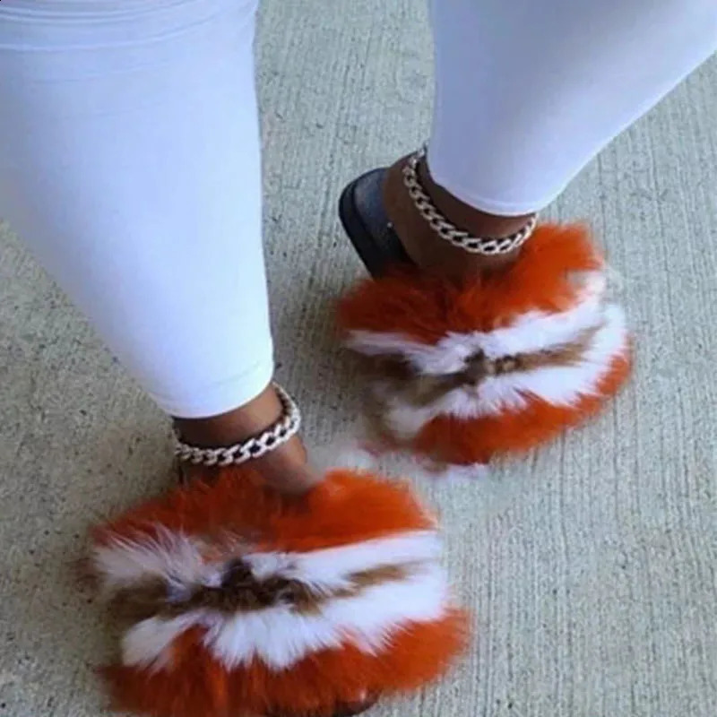 Girls summer must have multi-color plush beach fur flip up womens cute home fluffy fur slider womens fur sandals 240827