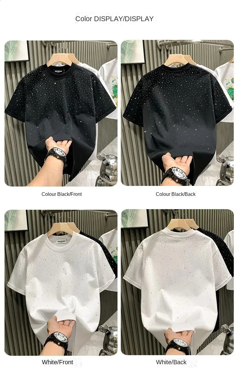 Summer mens clothing summer rhinestone rivet Tshirt round neck casual Korean version short sleeved 240827