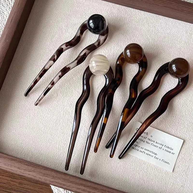 New Chinese style acetic acid U-shaped hair stick womens retro resin ball head flat bottom hair clip W240816