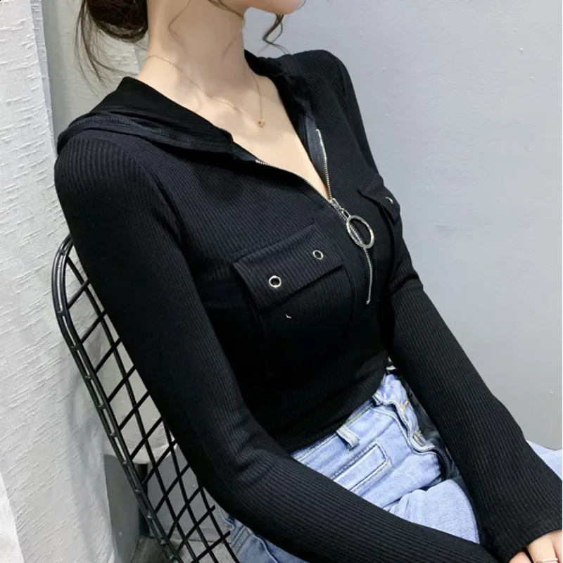 Wxw7914 black gray long sleeved hooded womens T-shirt zipper sexy street clothing short sleeved womens pocket elastic cotton ultra-thin 240827