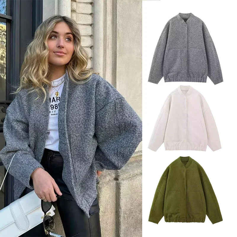 Traf Zr Womens Jacket Spring Elegant Wool Retro Coat Long Sleeve Harajuku Y2k Street Clothing Bomber 240826