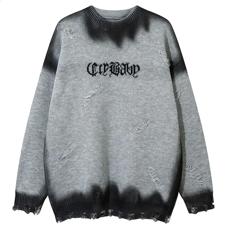 Vintage oversized sweater Grunge Y2K tear hole tie dye knit jumper hiphop Harajuku punk Gothic long sleeved streetwear 240826