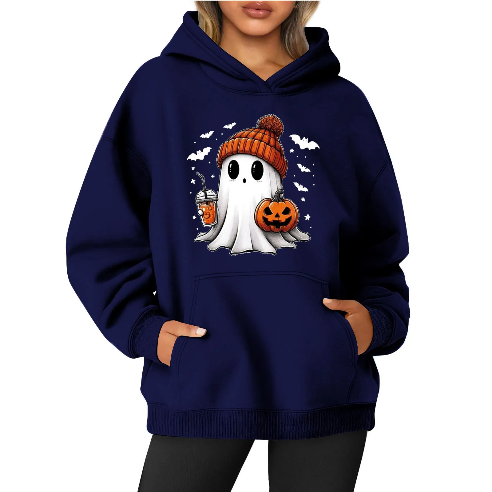 Womens O-neck long sleeved Halloween printed solid color hooded sweatshirt ropa de mujer sudadoras de mujeres y2k clothes y2k karol g 240827