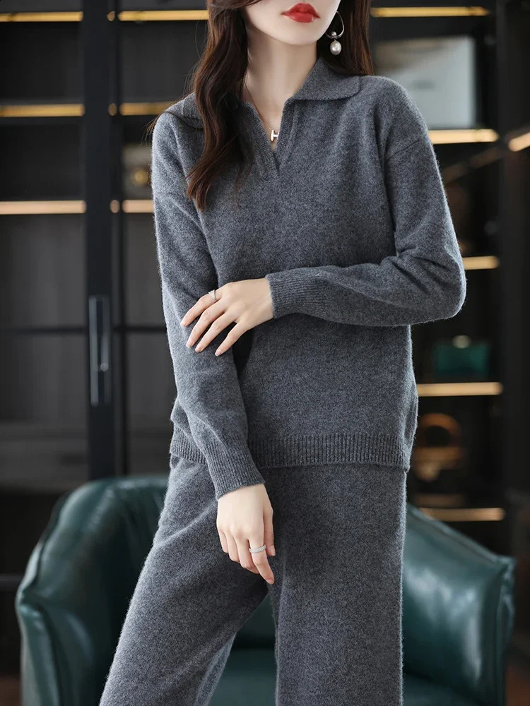 Cashmere Suit Female Lapel Korean Version of Senior Casual Sweater Wide-Leg Pants Wool Knitted Two-Piece Suit 240826