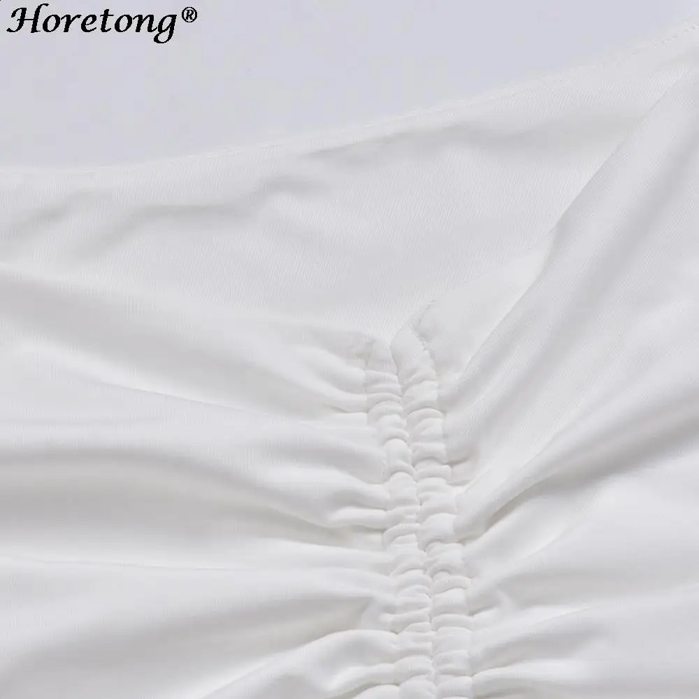 Horetong Womens Sexy V-neck Off-Shoulder Blouses Summer Drawstring Bandage Long Sleeve Tops Ladies Korean Fashion Short Clothes 240827