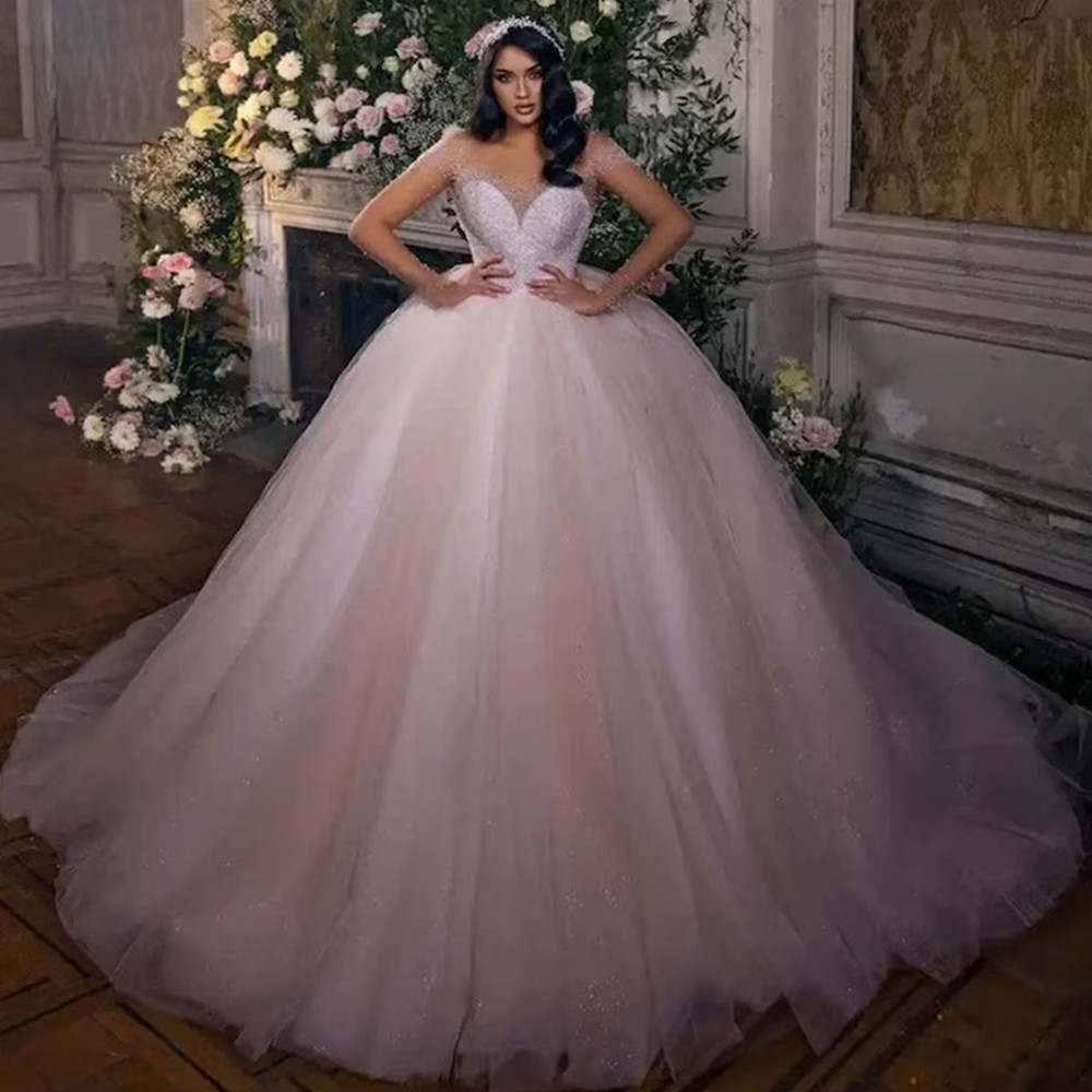 Classy Plus Size Beaded Wedding Dresses Square Neck Bridal Gowns Lace Long Sleeves A Line Sweep Train Satin Vestido De Novia 06