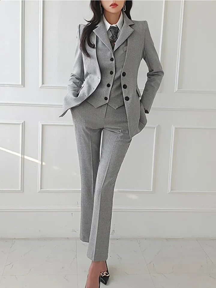 Women Vintage High Quality Office Suit Ladies Work Wear OL Pantsuits Formal Female Blazer Jacket Vest Trousers 3 Pieces Set 240826