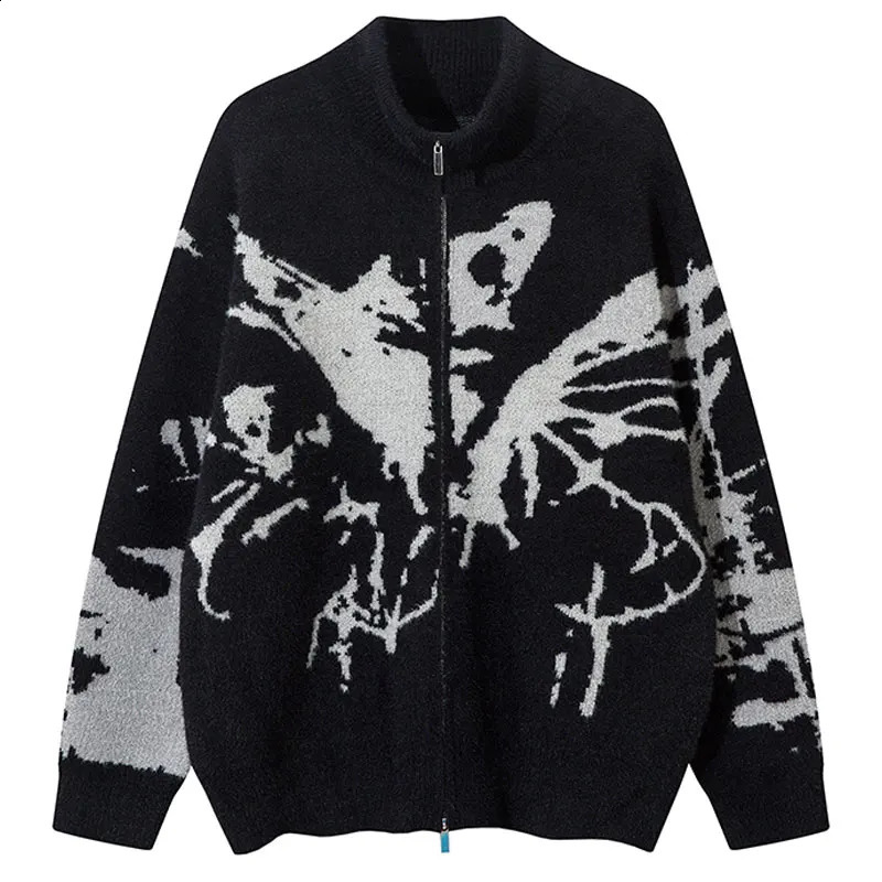 Mens oversized sweater cardigan wool Y2K retro knitted graffiti butterfly zipper jumping hiphop loose double punk gothic jacket 240826