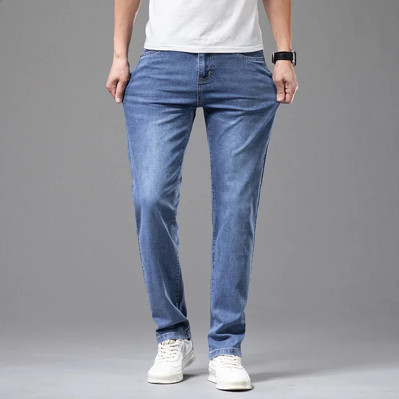Summer Thin Mens Elastic Cotton Jeans Fashion Gray Comfortable Business Straight Casual Pants Male Clothes Trousers 240826