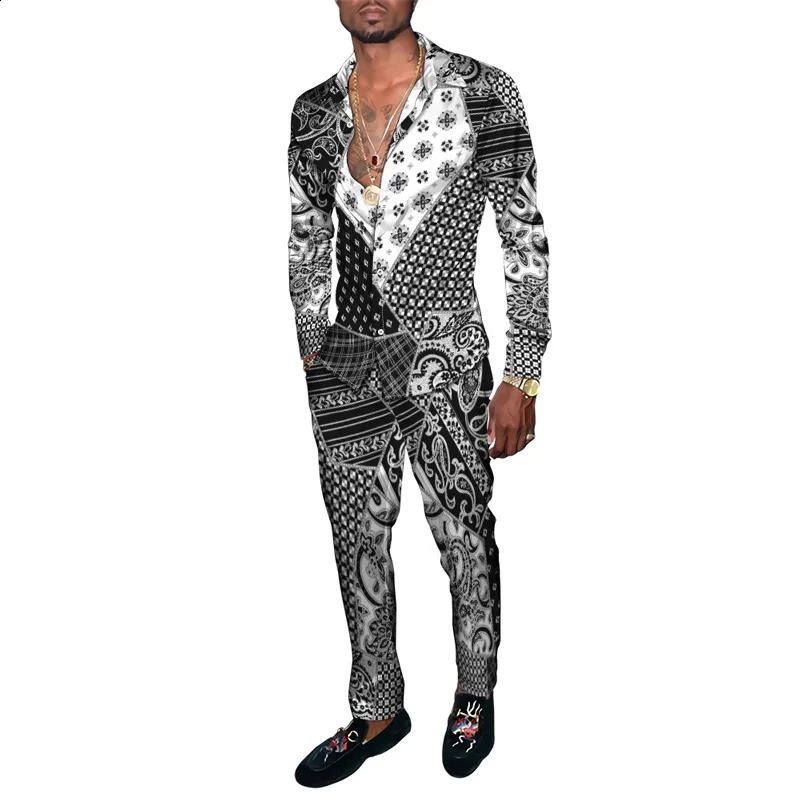 Fashion colored checkered 3D printed mens Harajuku clothing set Tracksuit long sleeved shirt long pants two-piece clothing set 240827