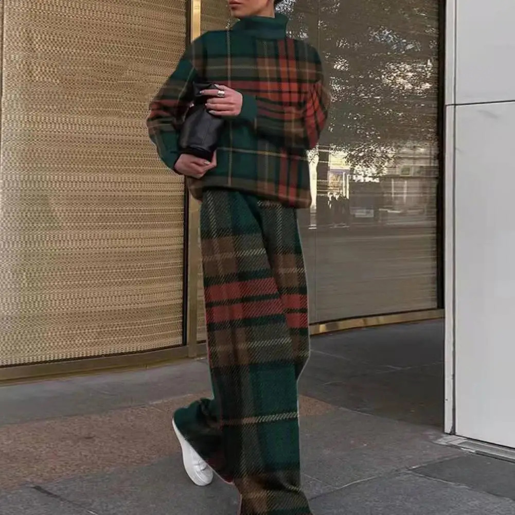 Turtleneck Rhombus Pant Sets Women Outfit Autumn Vintage Plaid Pullover High-Waist Straight Wide Leg Pants Blouse Trousers 240826