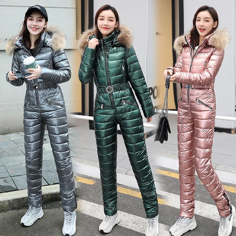 One piece ski suit womens jacket winter hooded Parka jumpsuit cotton bodysuit waist belt zipper 240826