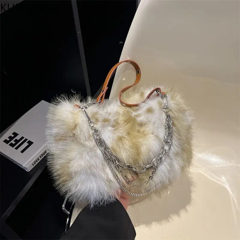 Y2k Women Shoulder Underarm Bags Fashion Chains Faux Fur Ladies Furry Crossbody Bag Soft Plush Female Handbags Tote Purse 240827
