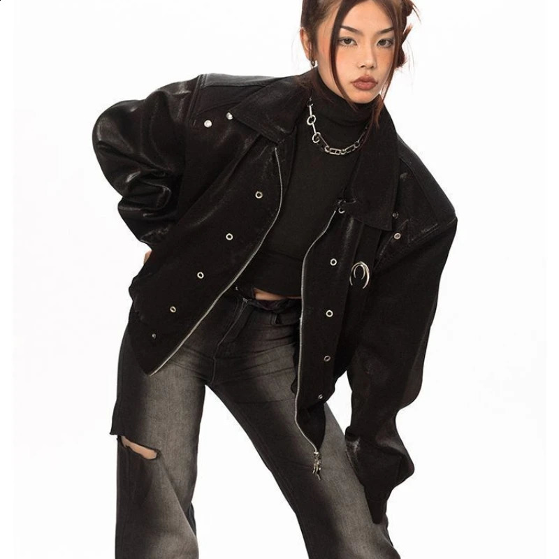 HOUZHOU Vintage Crop Leather Racing Jacket Women Y2k Streetwear Oversize Bomber Motorcycle Jackets Korean Fashion Autumn Winter 240827