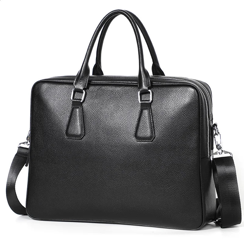 Double Zipper Briefcase Men Bag Genuine Leather Shoulder 14 inch Laptop Bags Large Capacity Handbag Business Mens 240827