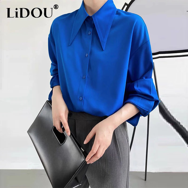Spring and Autumn Office Womens Solid Long Sleeve Shirt Button Top Womens Shirt Simple Full Match Top Womens Blusa 240827