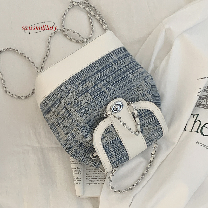 Swissmilitary Korean version fashionable for women 2023 new chain backpack versatile denim bucket bag #43