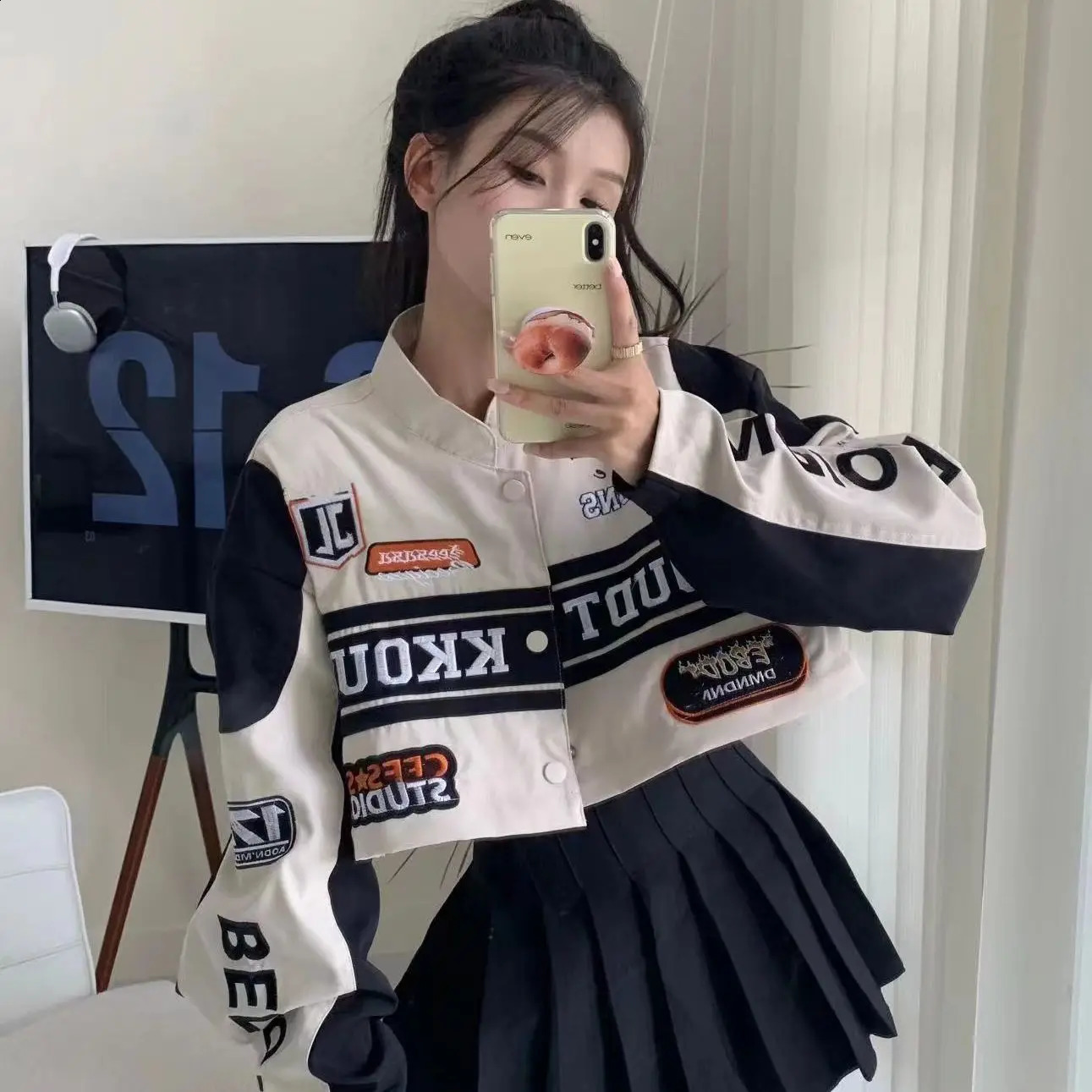 Womens Casual Short Jacket with Zippers Retro Loose Baseball Jacket for Autumn Detachable Moto Coat Embroidered Letters 240827