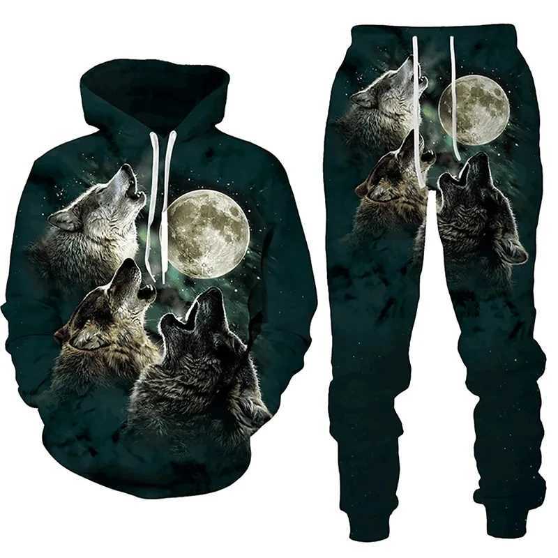 Men's Tracksuits New Forest Wolf 3D Printed Mens Hoodie Autumn/Winter Casual Fashion Sports Pants Track Clothing J240824