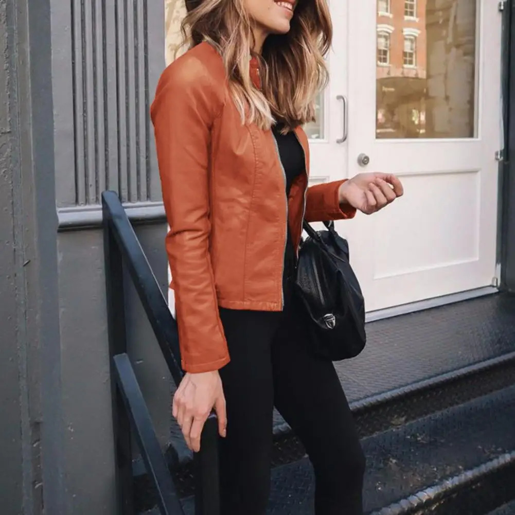 Artificial leather jacket for women stand up collar zipper jacket motorcycle womens casual short thin jacket 240827