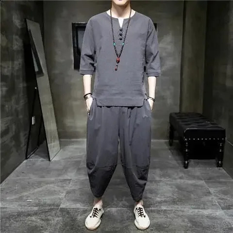 Summer linen mens loose casual short sleeved T-shirt Han Fu Tang traditional Chinese style 240827