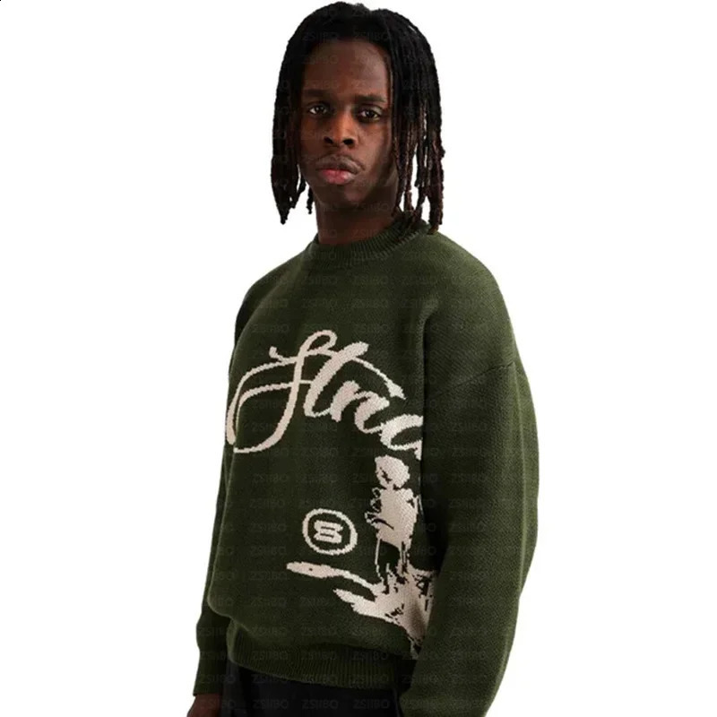 American style street Gothic letter jacquard knitted pullover sweater wholesale loose fitting mens collar 240826