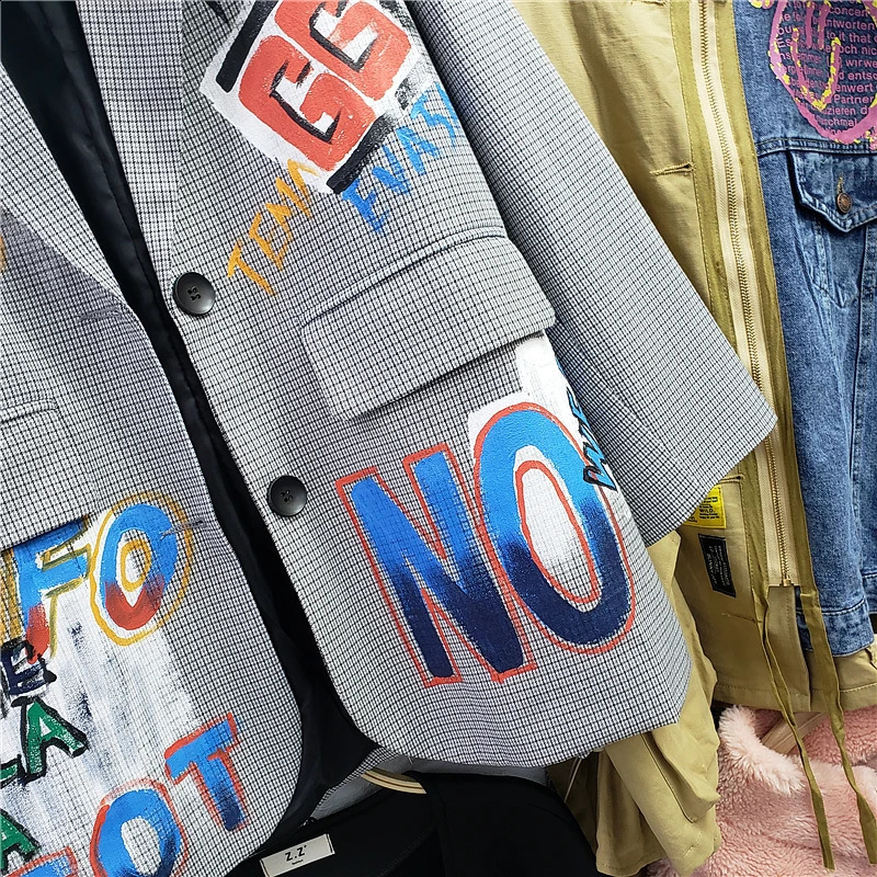 Autumn Women Blazers Sense Niche Graffiti British Style Suit Plaid Casual Long Sleeve Loose Ladies Coats H479 240826