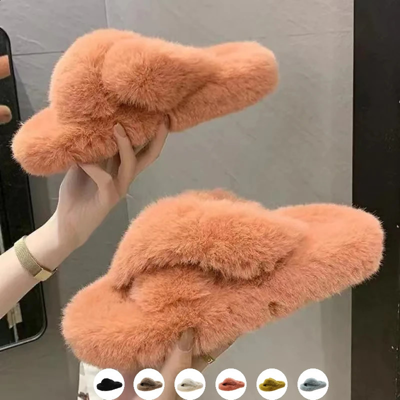 Womens fur warm winter fur leather shoes fluffy plush slippers for home use indoor shoes bedroom slippers womens round toes 240827