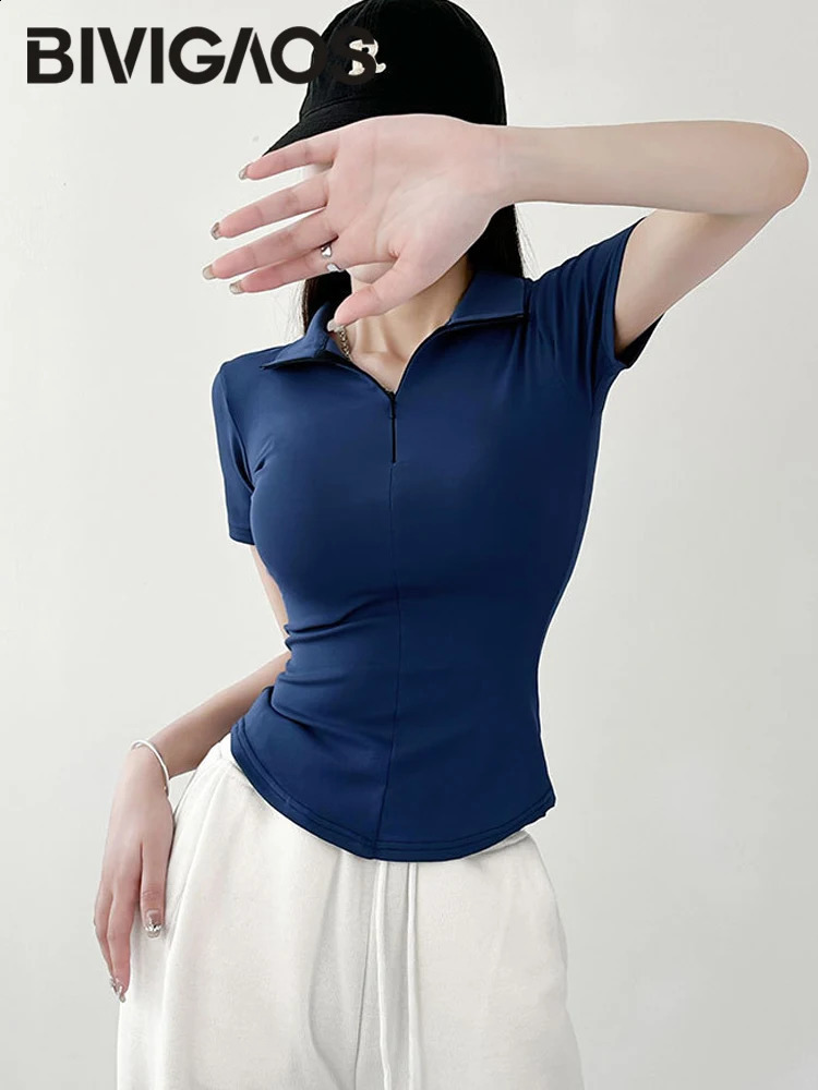 BVIGAOS summer cotton lapel zipper short sleeved T-shirt for women ultra-thin tight and sexy polo shirt half neck high neck T-shirt 240827