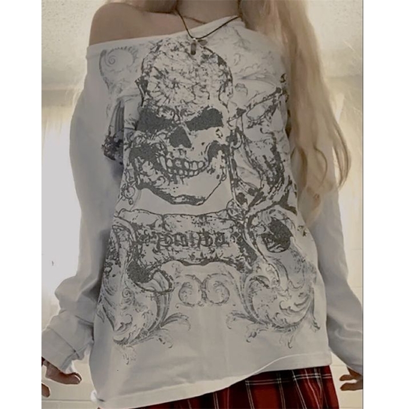 Y2K Womens Autumn Loose Gothic Top Skull Printed Shoulder Long Sleeve Oversized T-shirt 240826
