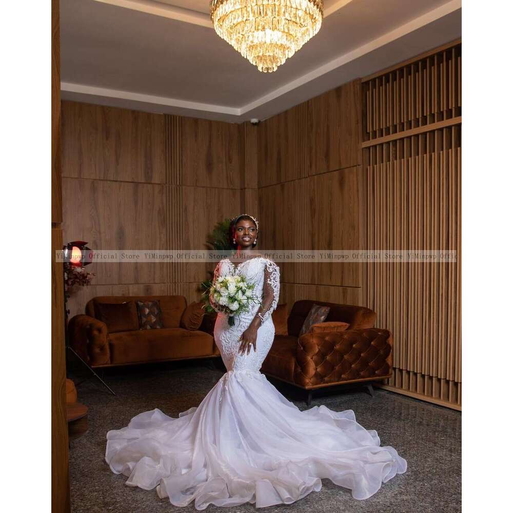 White Mermaid Wedding Dresses for Bride Long Sleeve Illusion Lace Tulle Beading Garden African Bridal Gowns