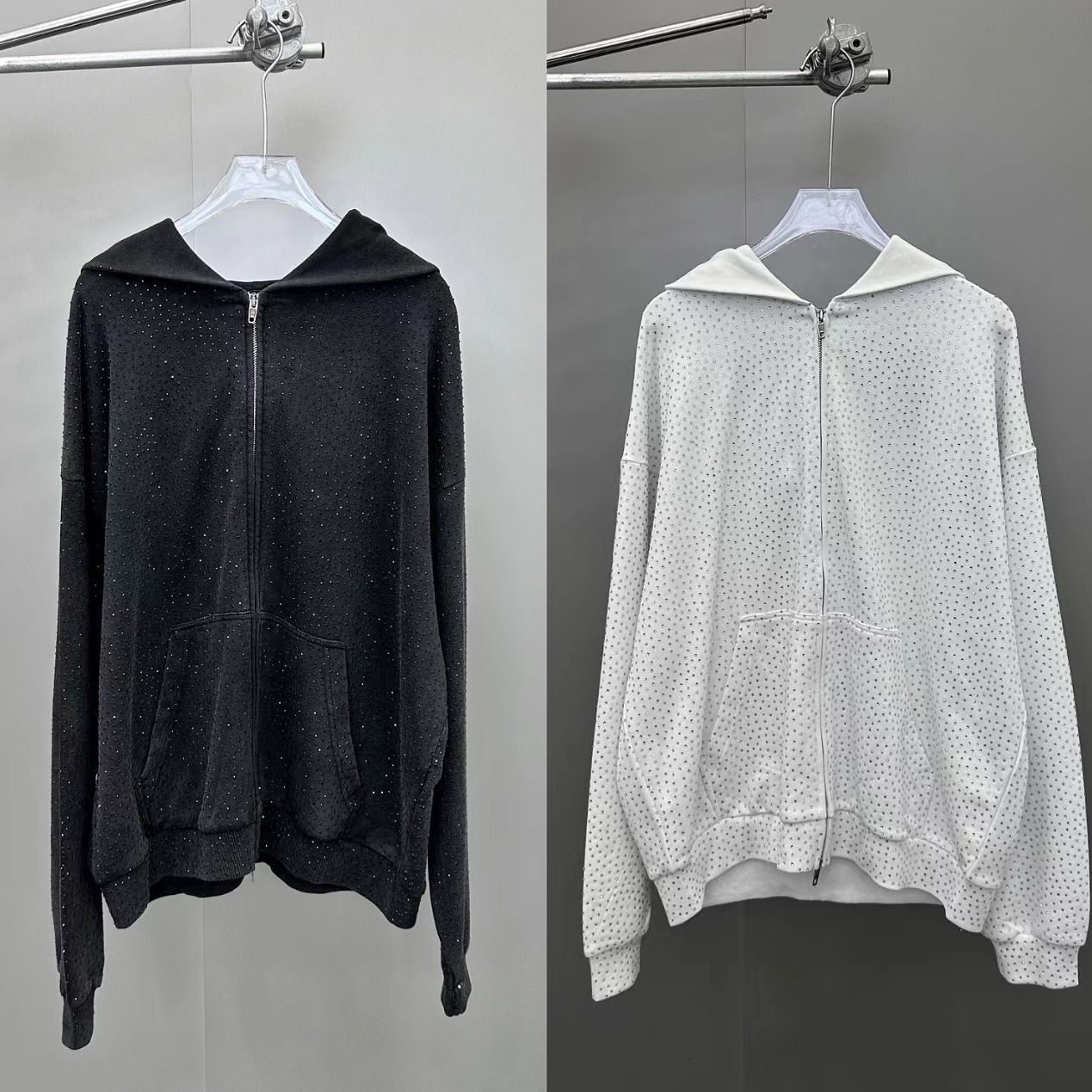 Spring/Summer New unisex Heavy Industry Full Body Hot Diamond Black/White Hooded Hoodie Coat