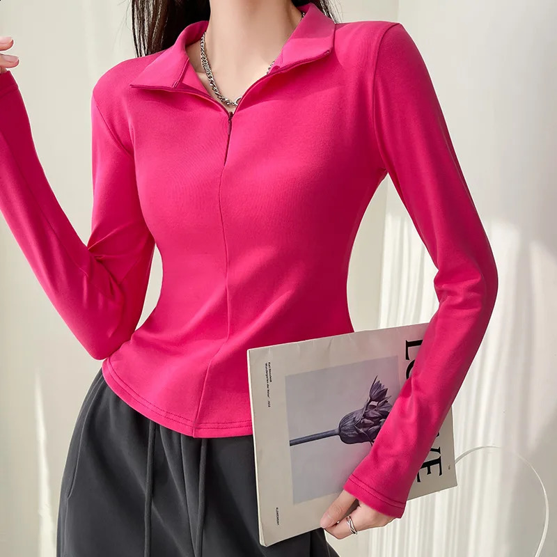spring and summer ultra-thin long sleeved T-shirt for womens black spicy cotton zipper lapel polo neck top S-L 240827